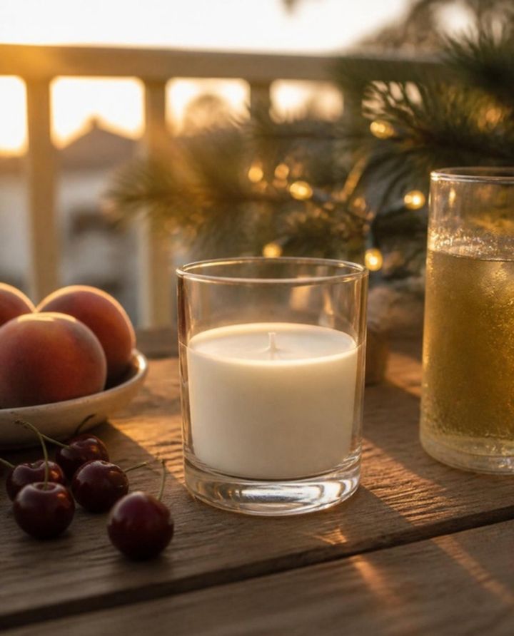 La misma vela en una mesa de patio con duraznos y luz de atardecer