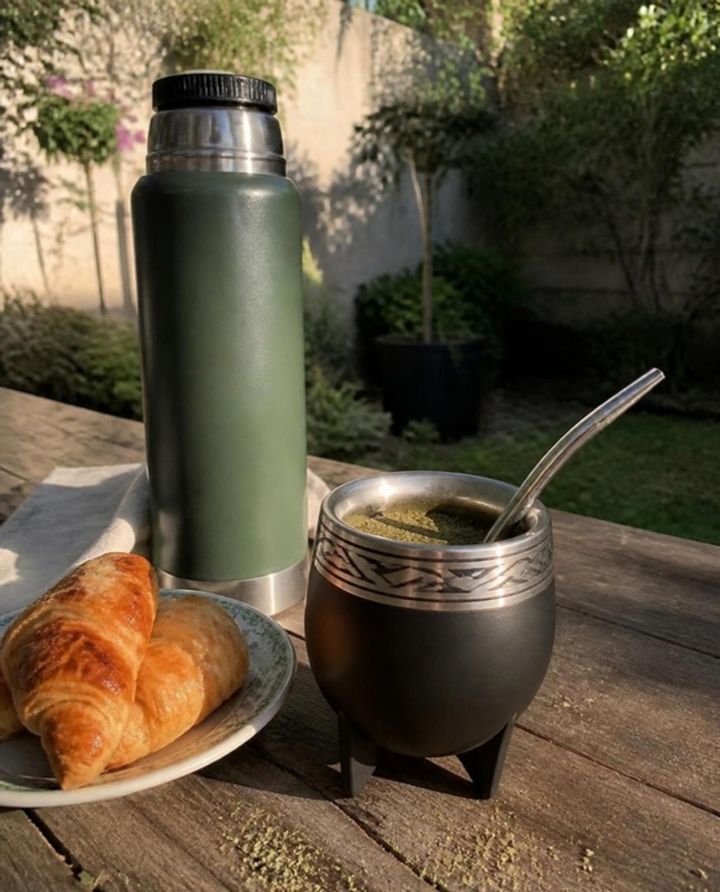 El mismo mate en una mesa de patio con termo y medialunas